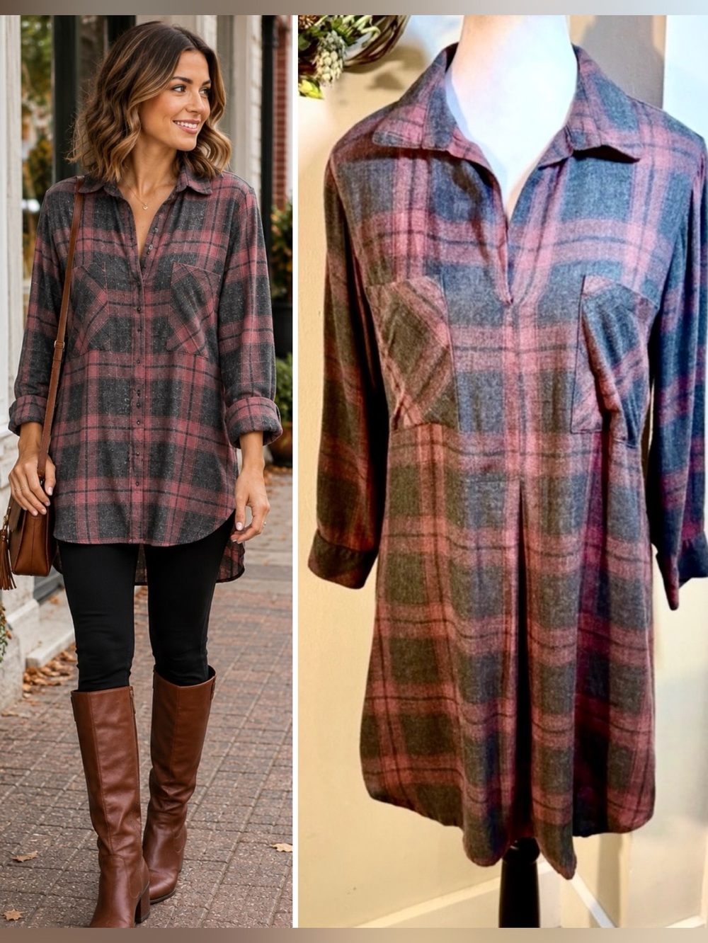Cloth & Stone Mauve Gray Plaid Flannel Tunic Shirt Hi Low Pockets XS 💛